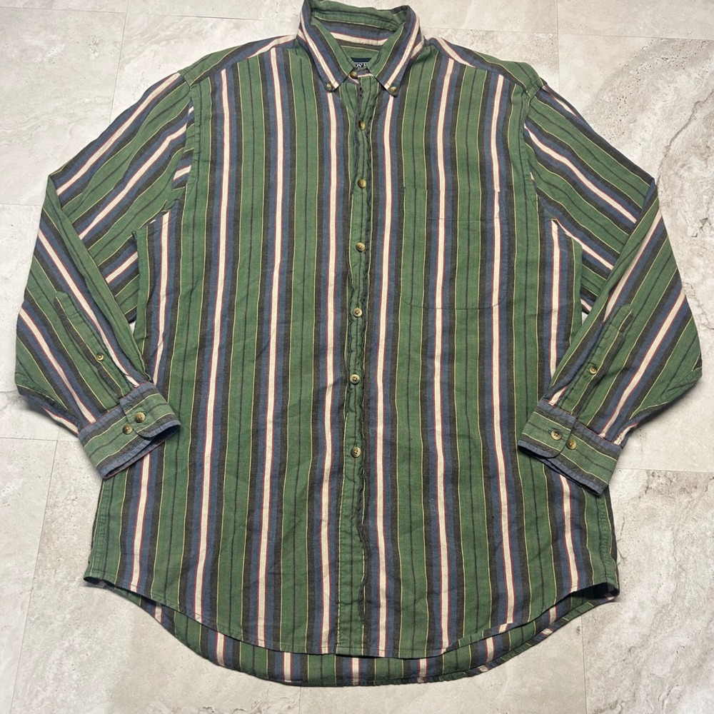 Lands End Button Down Shirt Green Striped Mens Large Long Sleeve Cotton Preppy